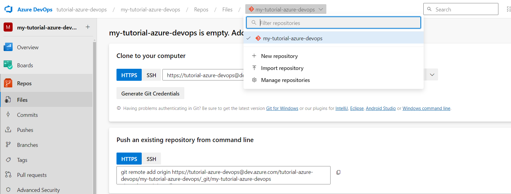 DevOps Git Repositories Screen