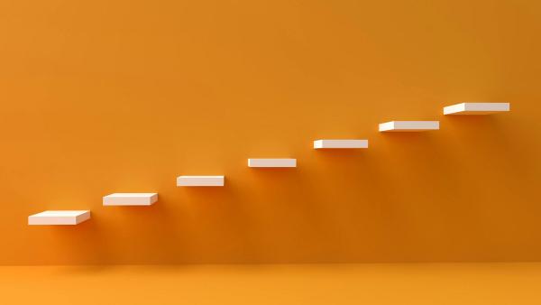 An orange wall with shelves at various level