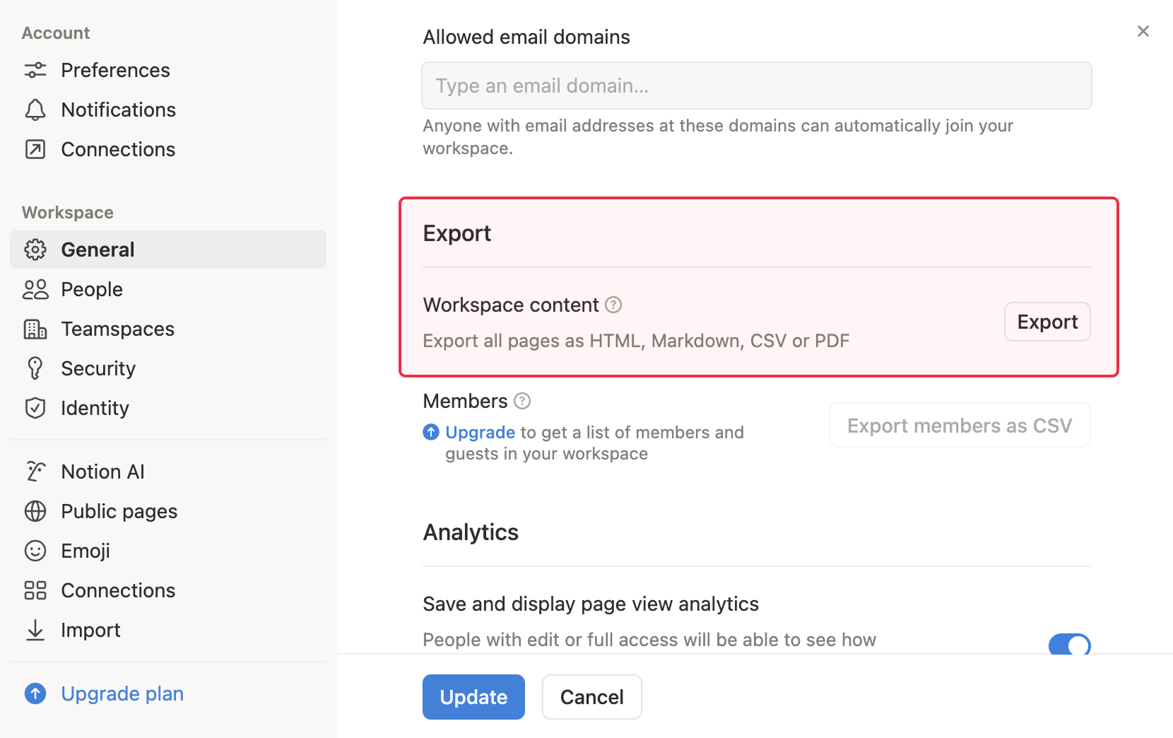 Export menu